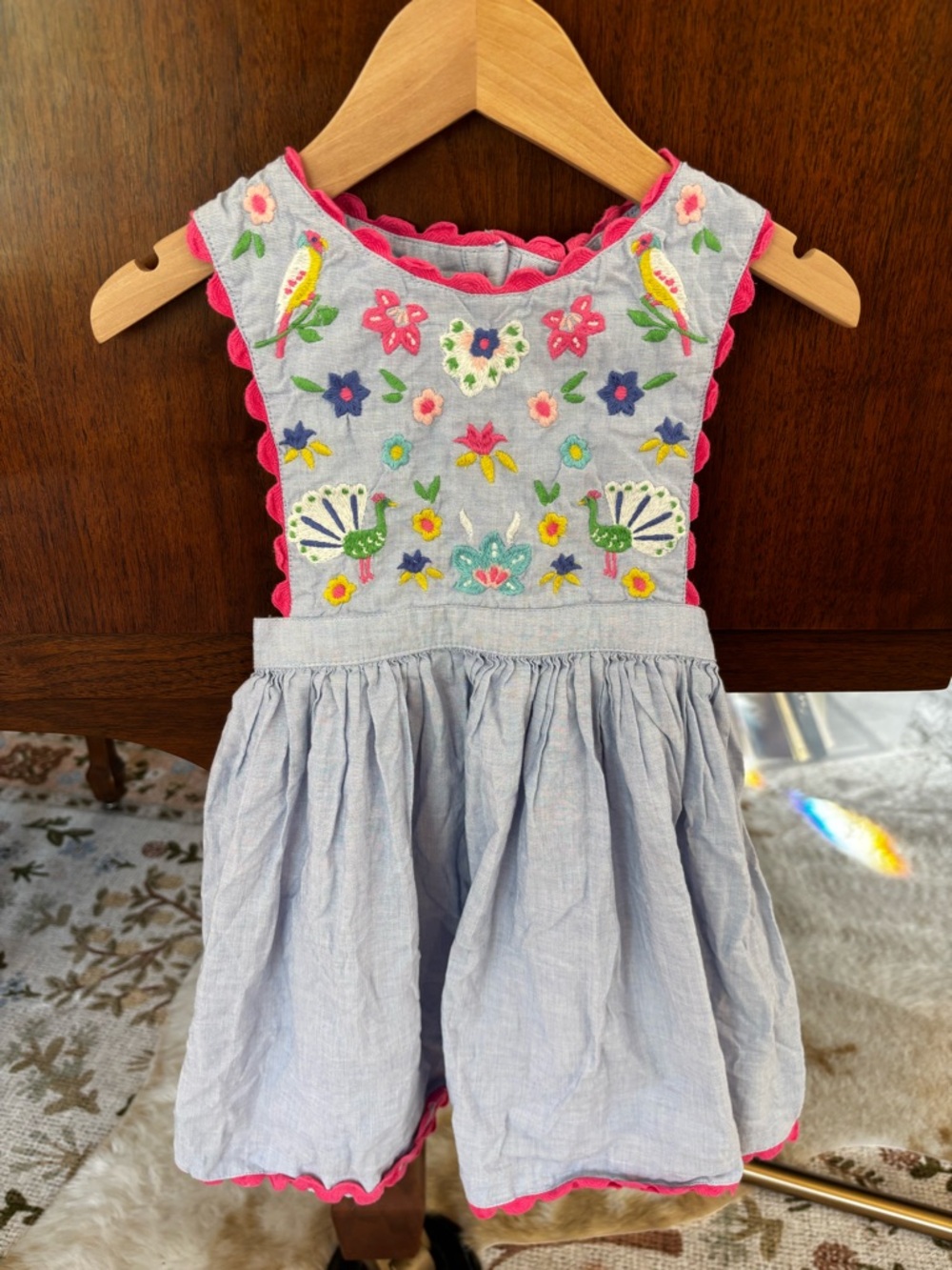 Mini Boden Peacock and Bird Chambray Embroidered Pinafore